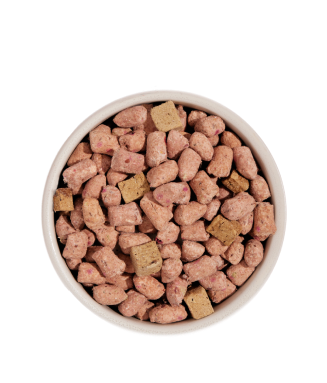 A dog bowl filled with Unkibble food made with various fresh meats, fruits, veggies, and grains
